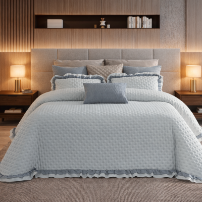 Quarto com cama, mesas de cabeceira, lâmpadas e decoração em tons neutros