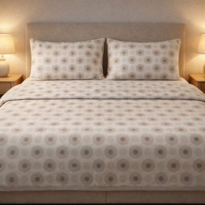 Cama com roupa de cama bege lisa com padrão circular castanho e abajures em mesas de cabeceira de madeira