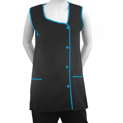 Colete de trabalho preto com detalhes azuis e botões frontais exibido por manequim