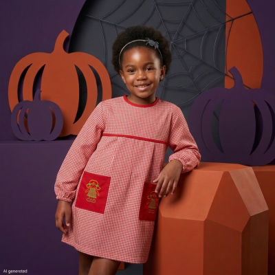 Menina com vestido vermelho e branco com bolsos, em fundo decorado com abóboras e teia de aranha