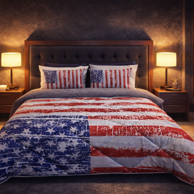 Cama com edredão e almofadas com estampa da bandeira americana em quarto com iluminação quente e paredes cinzentas