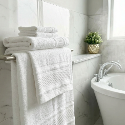 Conjunto de toalhas brancas penduradas num suporte metálico num banheiro com paredes de mármore e banheira branca.