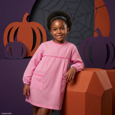 Menina vestindo vestido rosa com padrão vichy e fita de aranha no cabelo perto de decoração de abóboras e teia de aranha.
