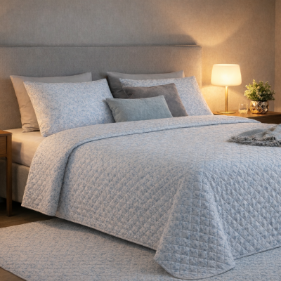 Quarto com cama de casal, colcha azul clara com padrão, almofadas, candeeiros e mesas de cabeceira de madeira