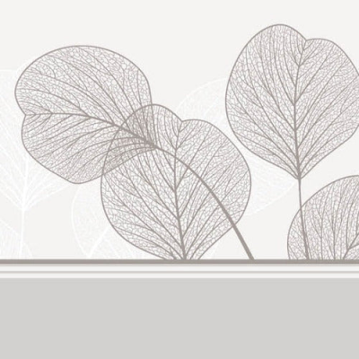 Papel de parede bege com padrão de folhas castanho claro e faixa cinzenta inferior