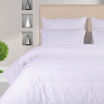 Cama com roupa de cama branca e decoração minimalista com vasos e planta verde