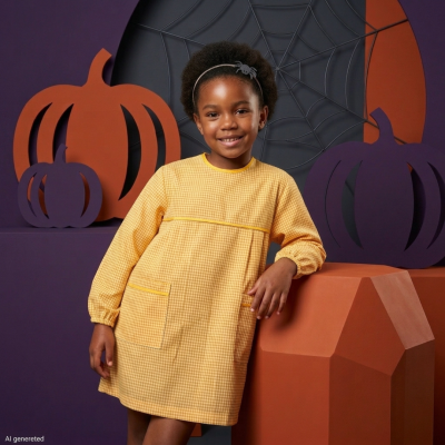 Vestido amarelo às quadrículas para menina em cenário de Halloween com abóboras e teia de aranha