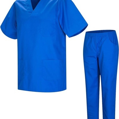 Conjunto azul de uniforme médico com camisa de manga curta e calças com cintura elástica
