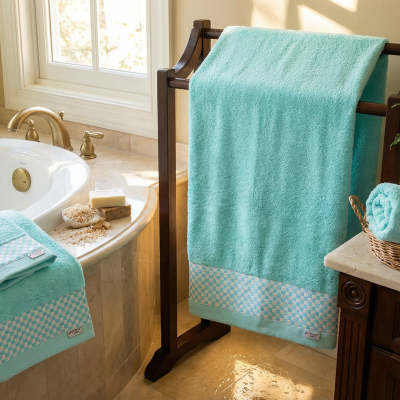 Conjunto de toalhas turquesa com padrão quadriculado nas bordas em casa de banho