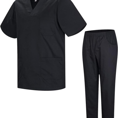 Conjunto de batas médicas pretas com camisola de gola V e calças com cintura elástica