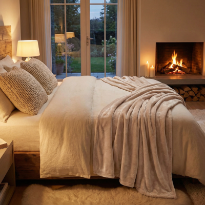 Quarto com cama, almofadas de malha e manta macia bege, lâmpadas, lareira com velas, tapete felpudo e pétalas de rosa