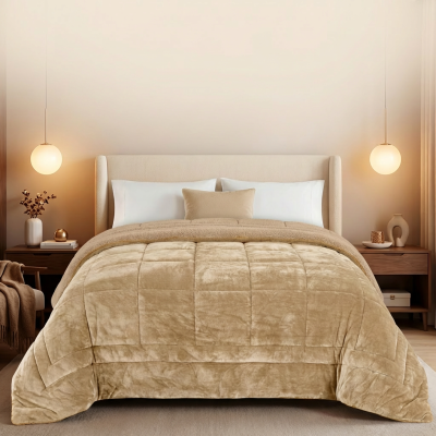 Cama de casal com edredão camel acolchoado e cabeceira bege