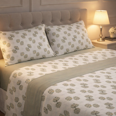 Roupa de cama com padrão floral bege e verde, candeeiros iluminam cabeceira estofada