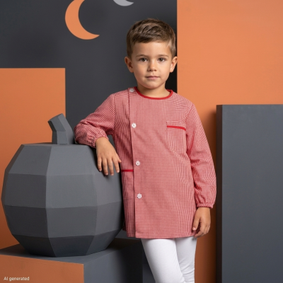 Camisola xadrez vermelha e branca infantil com botões e detalhes vermelhos