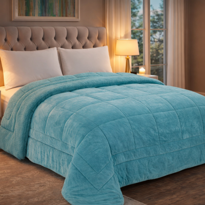 Quarto com cama feita com cobertor azul claro acolchoado e cabeceira estofada bege