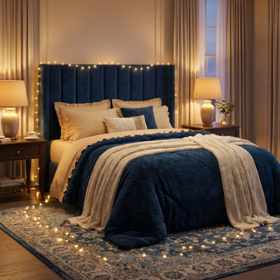 Quarto acolhedor com cama azul escura, candeeiros, e luzes decorativas