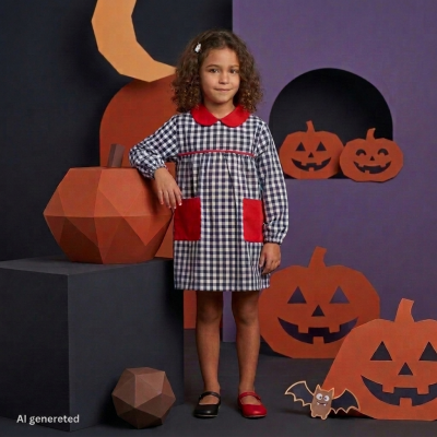 Criança com vestido xadrez preto e branco com detalhes vermelhos em cenário decorado com abóboras de Halloween.