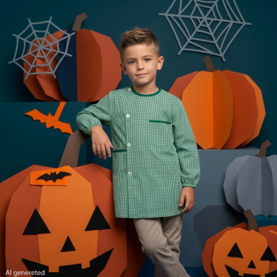 Menino com bata verde junto a abóboras decorativas de papel para Halloween