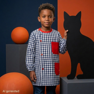 Camisola infantil xadrez azul e branco com detalhes vermelhos, criança e decoração colorida