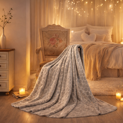 Cobertor cinzento com padrão subtil sobre cadeira em quarto acolhedor com cama e decoração suave