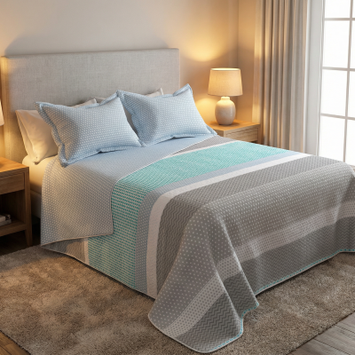 Cama de casal com cabeceira cinzenta, roupa com padrões cinza, azuis e brancos, mesas de cabeceira de madeira clara com candeeiros, carpete cinzenta