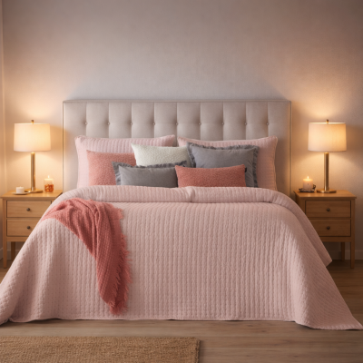 Cama de casal com roupa de cama rosa e almofadas cinza, branco e rosa em quarto iluminado por candeeiros.