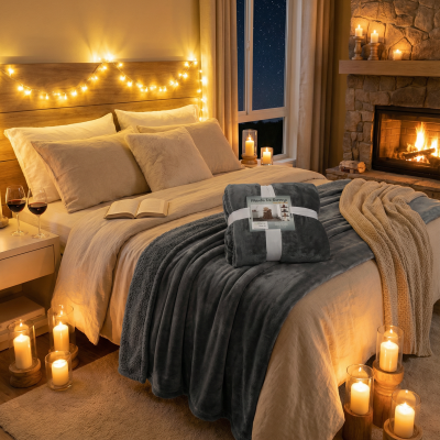 Quarto acolhedor com cama, manta cinza, velas, lareira e luzes decorativas