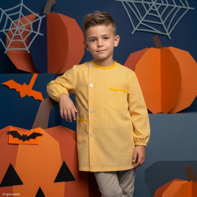 Camisola amarela de criança com padrão aos quadrados pequenos e botões, decorada com abóboras e teias de aranha de papel