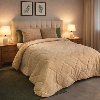 Quarto com cama e edredão bege, almofadas castanhas, mesas de cabeceira em madeira e candeeiros