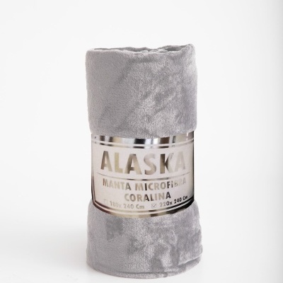 Manta cinzenta de microfibra coralina com etiqueta ALASKA