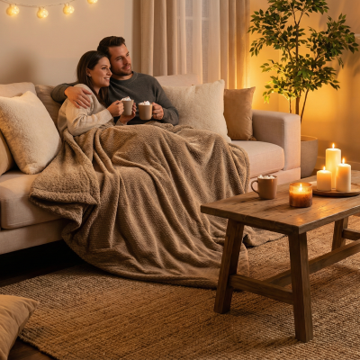 Sala de estar com sofá bege, manta, mesa de madeira com velas e lareira acesa