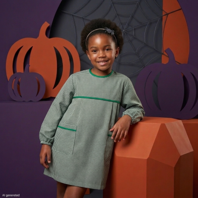 Menina com vestido verde e branco com padrão pied-de-poule num cenário Halloween com abóboras e teia de aranha