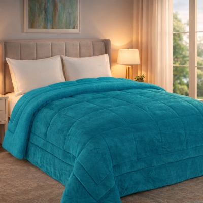 Cobertor azul turquesa acolchoado numa cama com cabeceira bege e almofadas brancas