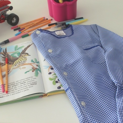 Avental azul xadrez com botões e bolso ao lado de livros infantis, lápis de cor e brinquedo de carro vermelho