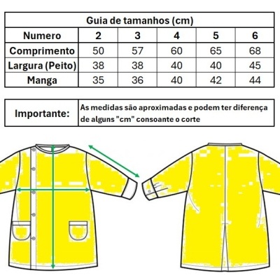Bata amarela com guia de tamanhos em centímetros ao lado