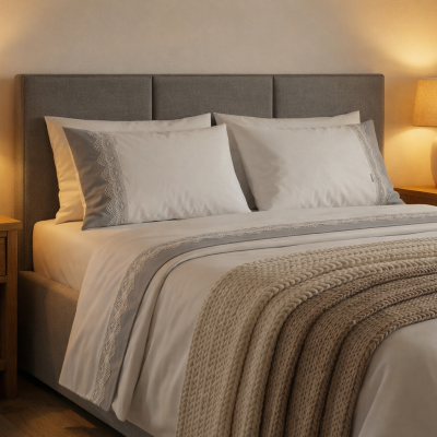 Conjunto de roupa de cama creme com bordas em renda numa cama com cabeceira estofada cinzenta e mesas de cabeceira de madeira com candeeiros acesos.