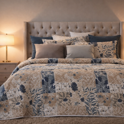 Cama com roupa de cama floral azul e bege, cabeceira estofada bege, candeeiros dourados, planta verde e mesas de cabeceira de madeira