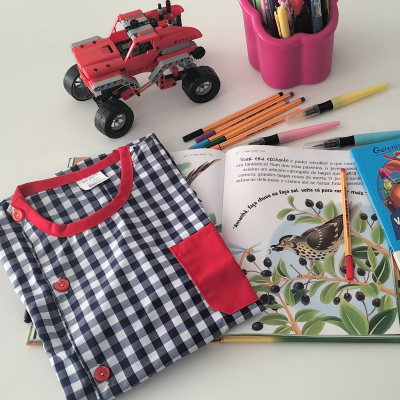 Camisa xadrez azul e branca com bolso vermelho, livro ilustrado aberto, lápis de cor, canetas, estojo rosa e brinquedo vermelho