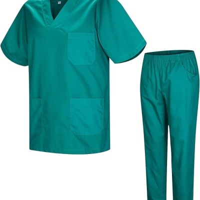 Conjunto de pijama médico verde com camisa de gola em V e calças com cintura elástica