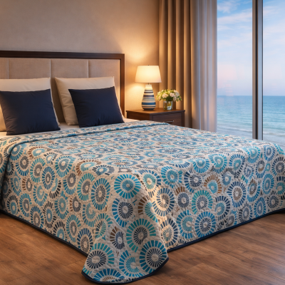Quarto com cama de madeira escura e roupa de cama com padrão circular azul e bege, candeeiros azuis e vista para o mar.