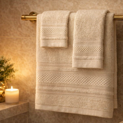 Conjunto de toalhas creme com padrão penduradas em suporte dourado numa casa de banho com parede bege e decoração de vaso e vela