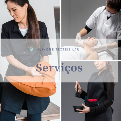 Três pessoas com fardas a realizar serviços variados de bem-estar e estética