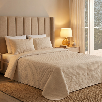 Cama com colcha matelassê bege e cabeceira estofada, mesas de cabeceira com abajures âmbar em quarto com luz natural