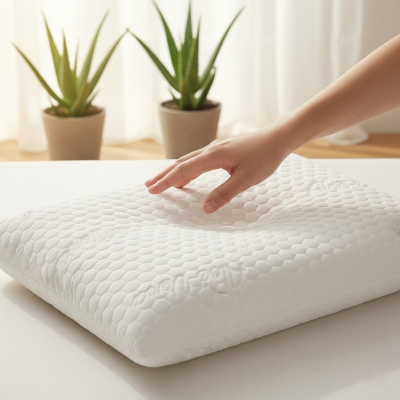 Travesseiro branco com textura em padrão de hexágonos e mão sobre ele