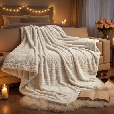 Cobertor branco acolchoado dobrado num sofá com velas acesas, flores, vinho e livro