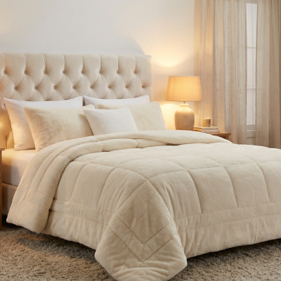 Quarto com cama de casal e edredão felpudo creme em ambiente com móveis de madeira clara e candeeiros.