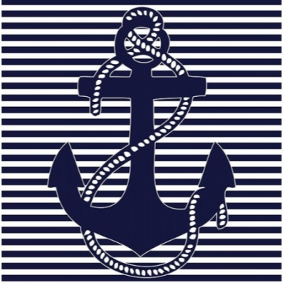 Toalha ou tecido náutico com âncora azul e riscas azuis e brancas