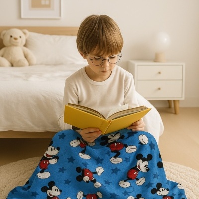 Cobertor azul com Mickey Mouse envolvendo uma criança que lê um livro amarelo num quarto