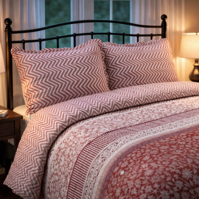 Roupa de cama vermelha e branca com padrões ziguezague e florais numa cama metal preta com mesas de cabeceira e candeeiros