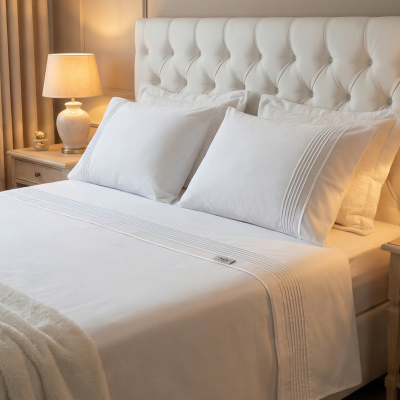 Quarto com cama branca e cabeceira estofada, roupa de cama com linhas, mesas de cabeceira com candeeiros e cadeira com almofada felpuda.